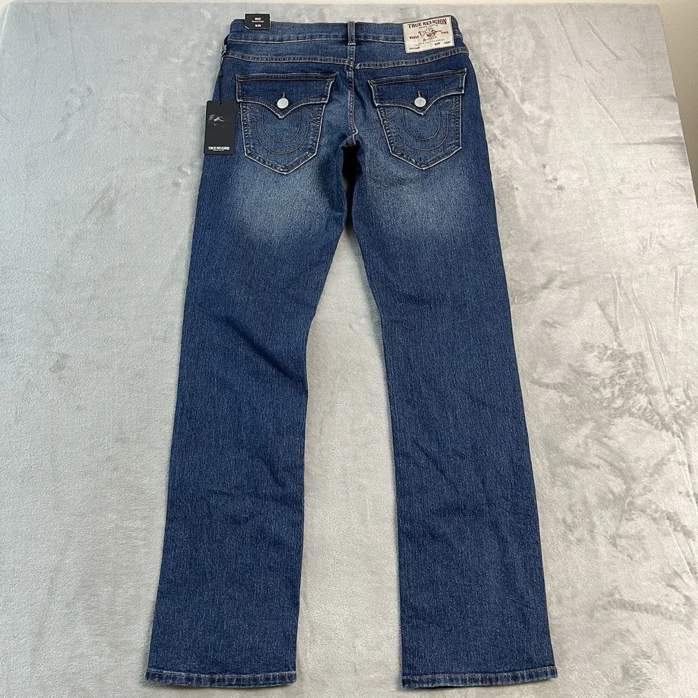 NWT True Religion Ricky Relaxed Straight Jeans Mens 30 (32x34) Medium Wash Flap